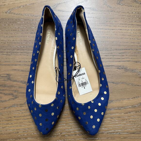 Express Shoes Womens Size 8 Royal Blue Pointed Toe Flats Gold Polka Dot Slip On - Picture 1 of 7